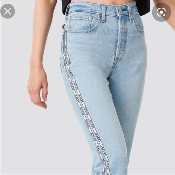 LEVIS 501 Original Sport Stripe Cropped High-Rise Straight Logo Leg Jeans 32/26 - Picture 2 of 16